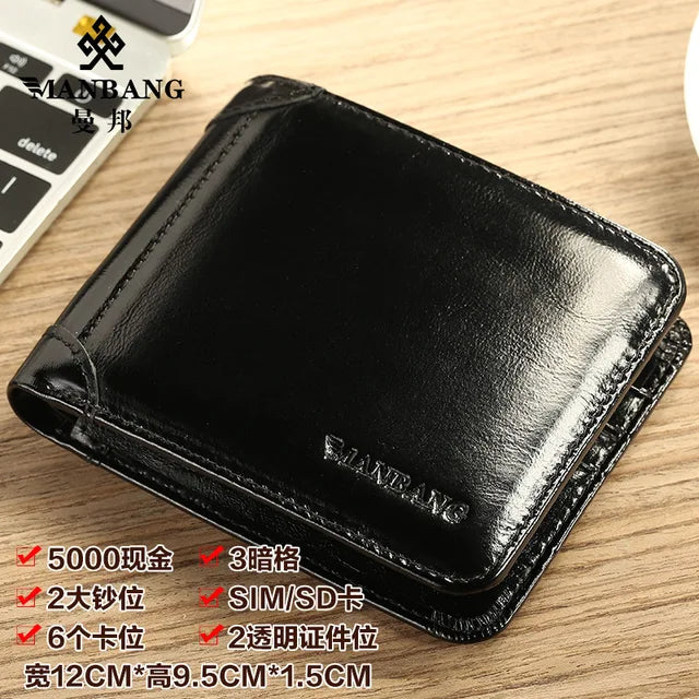 【Genuine Cowhide Leather】ManBang Brand Hot Sale Men's Wallet Luxury Original Short Tri-Fold First Layer Cowhide Purse Business H