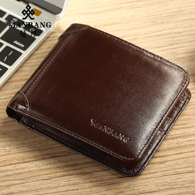 【Genuine Cowhide Leather】ManBang Brand Hot Sale Men's Wallet Luxury Original Short Tri-Fold First Layer Cowhide Purse Business H