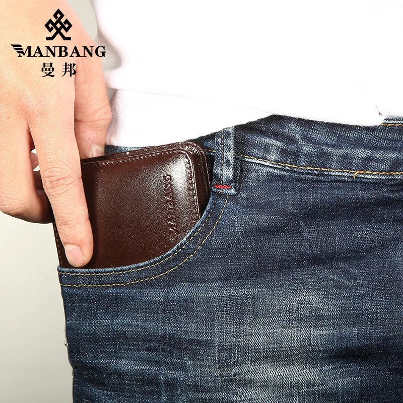 【Genuine Cowhide Leather】ManBang Brand Hot Sale Men's Wallet Luxury Original Short Tri-Fold First Layer Cowhide Purse Business H