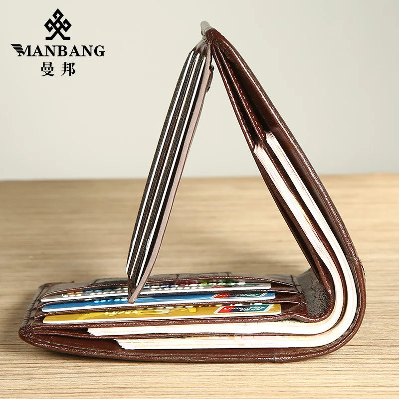 【Genuine Cowhide Leather】ManBang Brand Hot Sale Men's Wallet Luxury Original Short Tri-Fold First Layer Cowhide Purse Business H