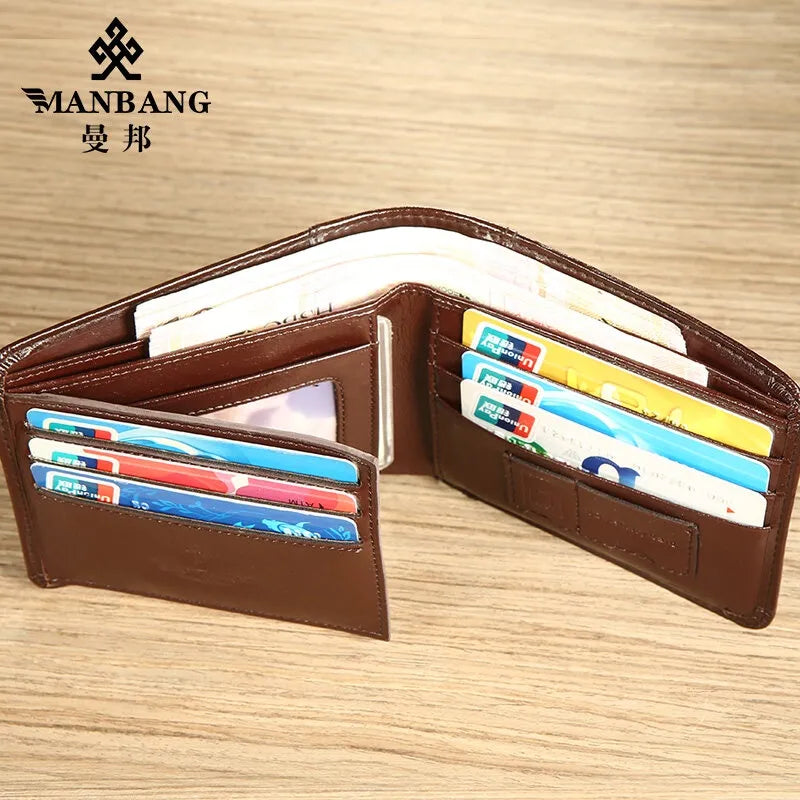 【Genuine Cowhide Leather】ManBang Brand Hot Sale Men's Wallet Luxury Original Short Tri-Fold First Layer Cowhide Purse Business H