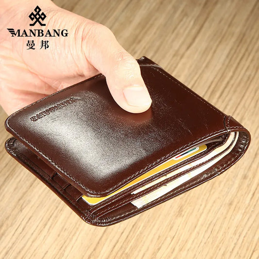 【Genuine Cowhide Leather】ManBang Brand Hot Sale Men's Wallet Luxury Original Short Tri-Fold First Layer Cowhide Purse Business H